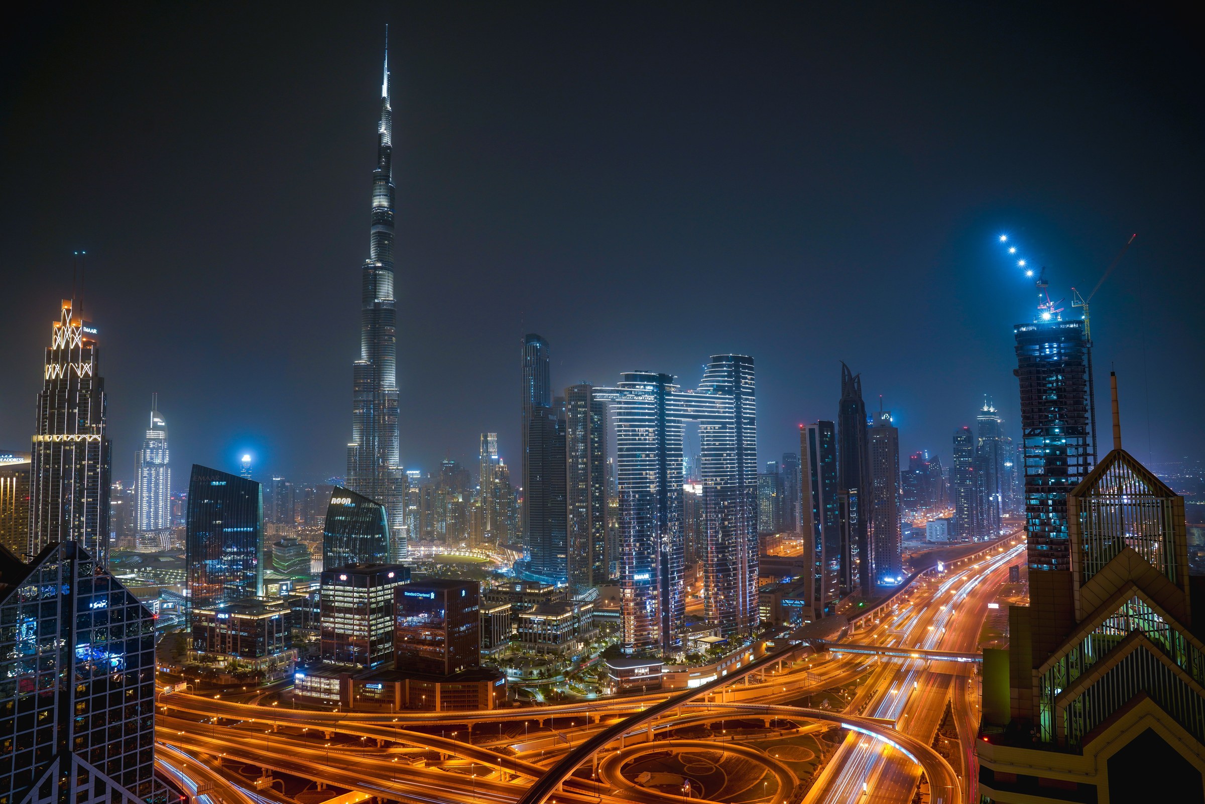 Dubai, skyline with Burj Khalifa at dusk